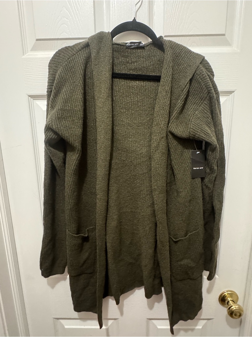 Verve Ami Cardigan Size M olive green  Open Front Sweater w/ hood